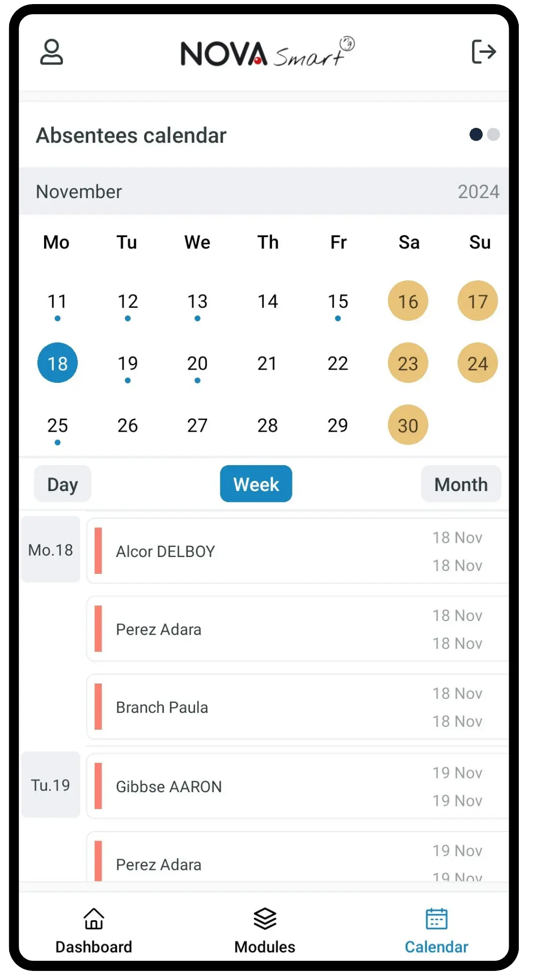 Calendrier des absences